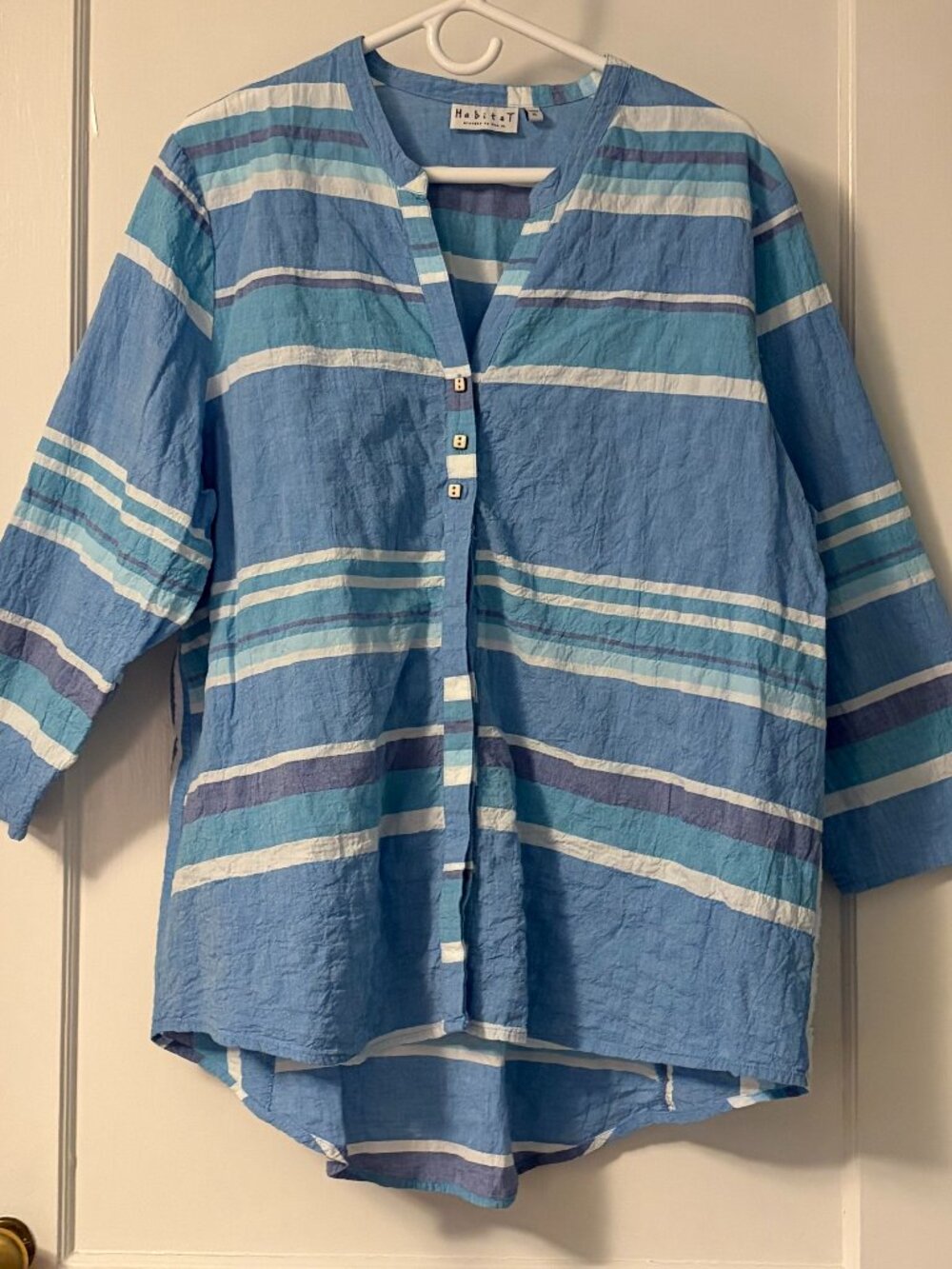 Habitat button front striped 3/4 sleeve gauzy cotton blouse size XL lagenlook